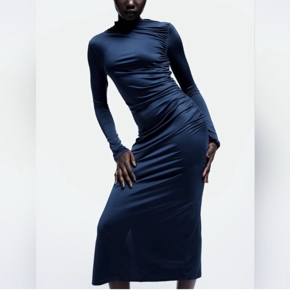 H&M Women’s Hi Neck Side Ruched Bodycon Maxi Navy Dress Size Small NWT